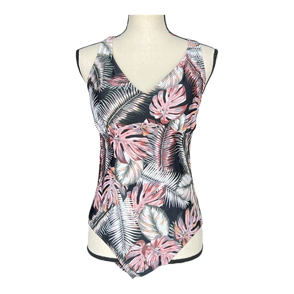 Hurley Black and Pink Patterned One Piece Swimsuit Size L